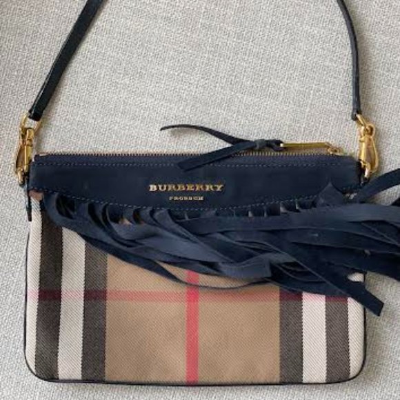 Burberry Navy Suede Peyton Check Crossbody Bag - Picture 2 of 7